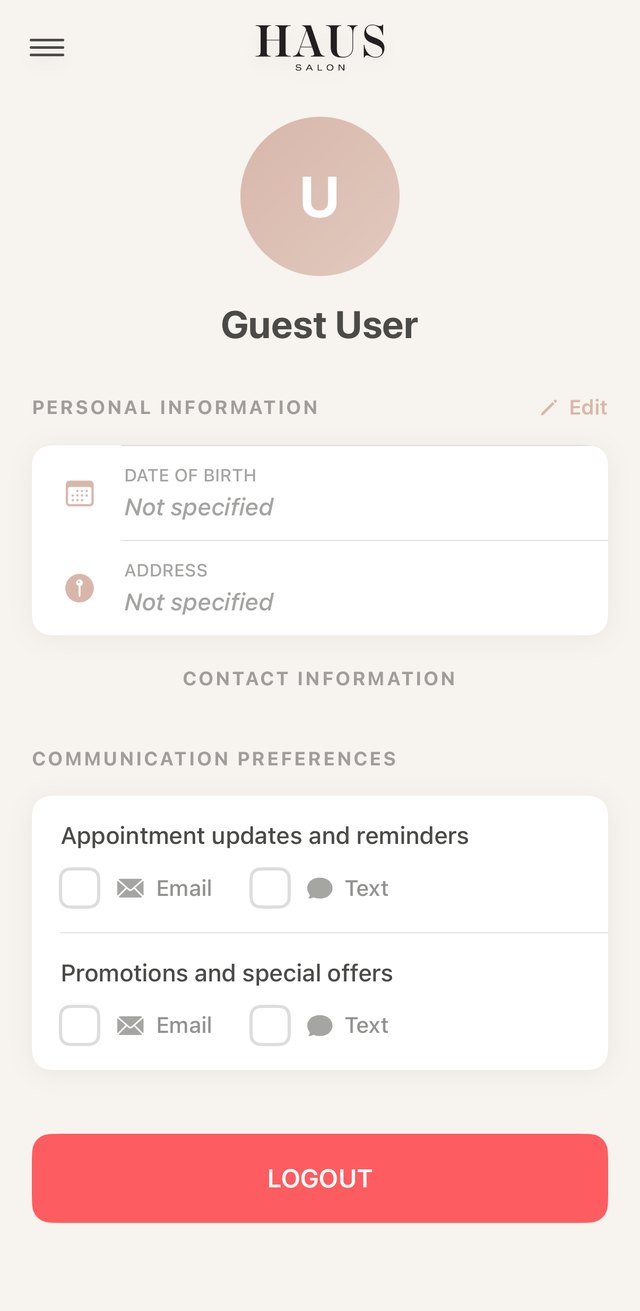 Client account with personal details and email or text preferences
