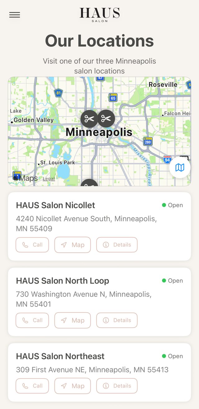Locations: a map of three Minneapolis salons with call, map and details buttons